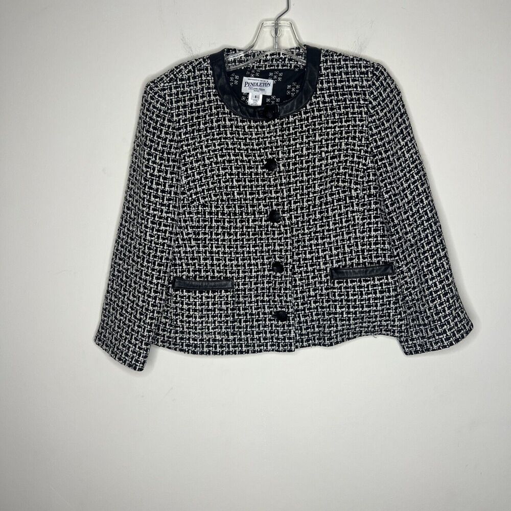 Pendleton Women's Jacket Blazer Black White Leather Trim Size 8 Petite Silk